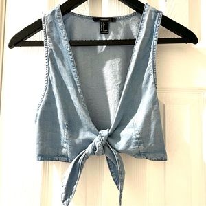Soft Light Blue Chambray Denim Front Tied Cropped Vest Blouse